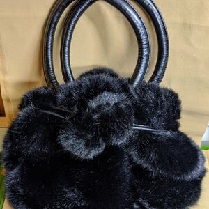 Jayley Black Faux Fur Cinch Bag With Pompons